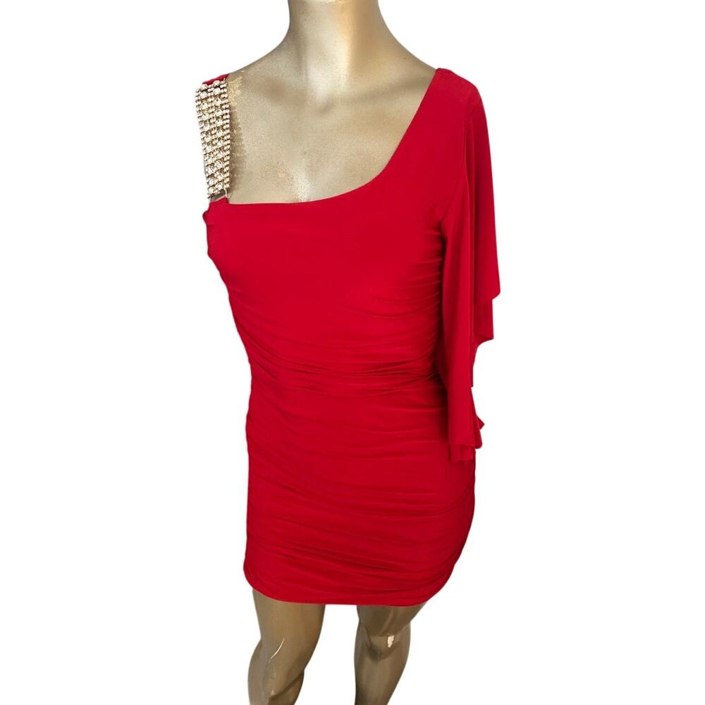 Vintage Deb Red Ruched Bodycon Dress Rhinestone Strap Asymmetric Sleeve Size M